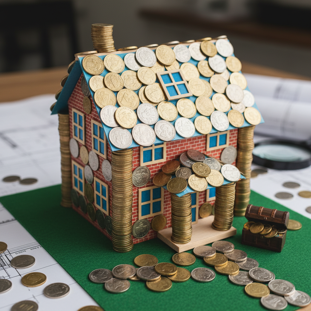 Model of a house with coins